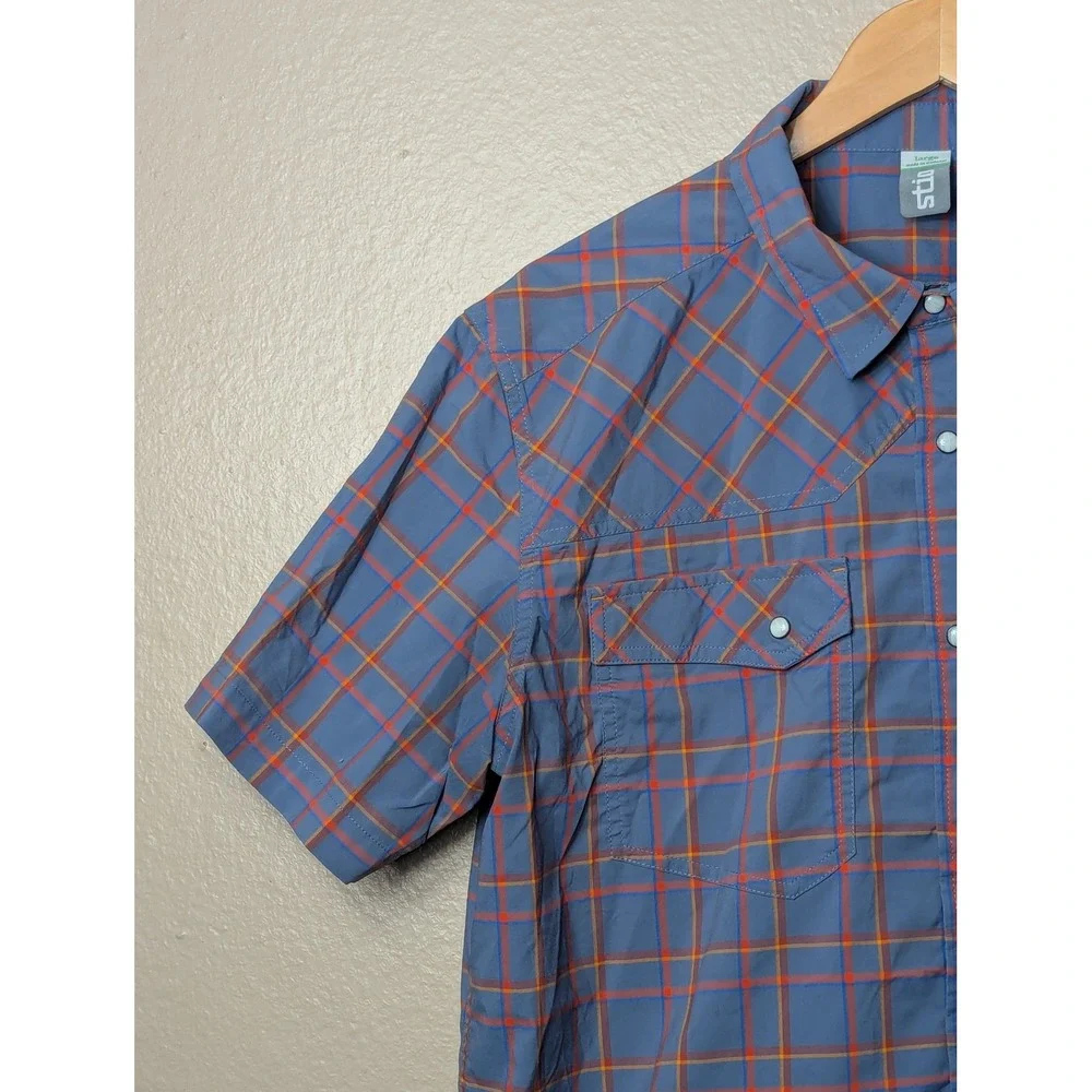 Stio Pearl Snap Shirt Mens Large Blue Orange Plaid Short Sleeve Hiking #2338